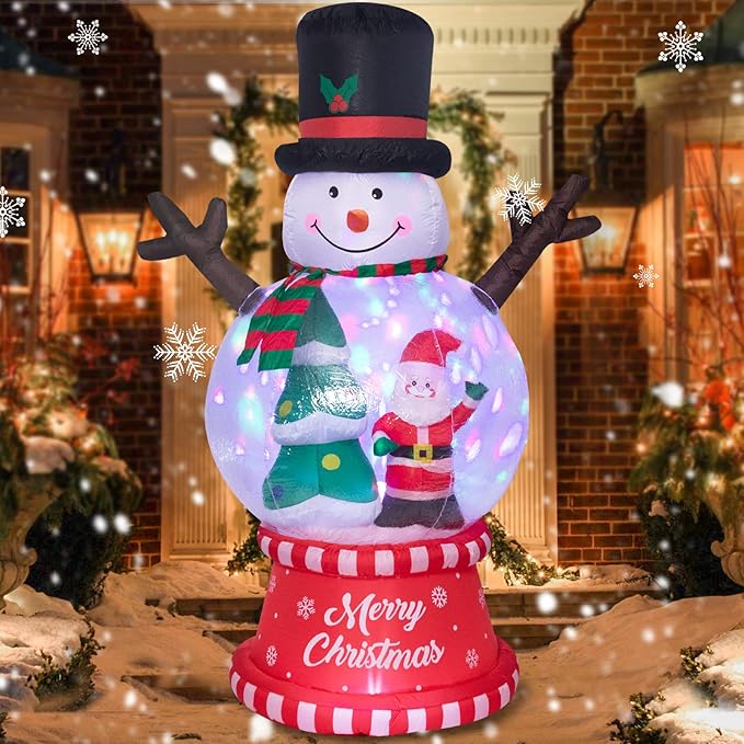 8 FT Height Christmas Inflatables Snowman Globe with Christmas Tree and Santa Claus Outdoor Decorations, Inflatables Snowman Globe Blow up with Built-in LED Lights for Party Lawn Outdoor Yard