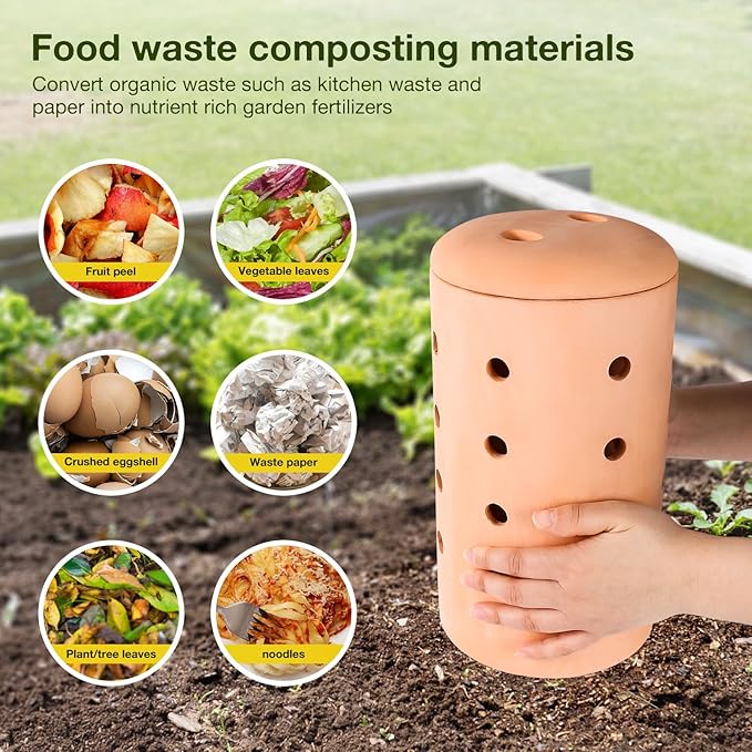 Underground Compost Bin 11Inch Garden Worm Farm Outdoor for Organic Refuse Red Pottery Ceramics Compost Bin with Holes and Lid Clay for Garden Vegetable Patch Backyard
