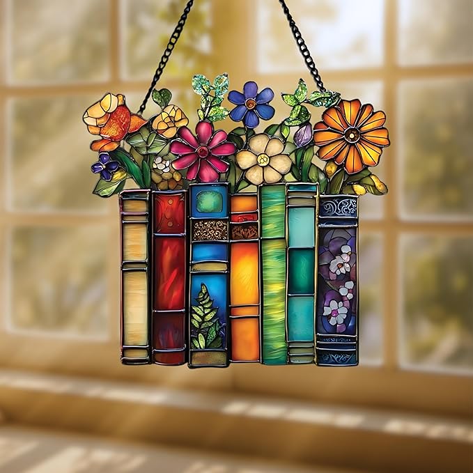Flower and Books Bookish Acrylic Suncatcher Stained Glass Effect Window Car Hanging Christmas Ornament Indoor Outdoor Decor Garden Bookworm Sun Catcher Book Lover for Women Mom Grandma