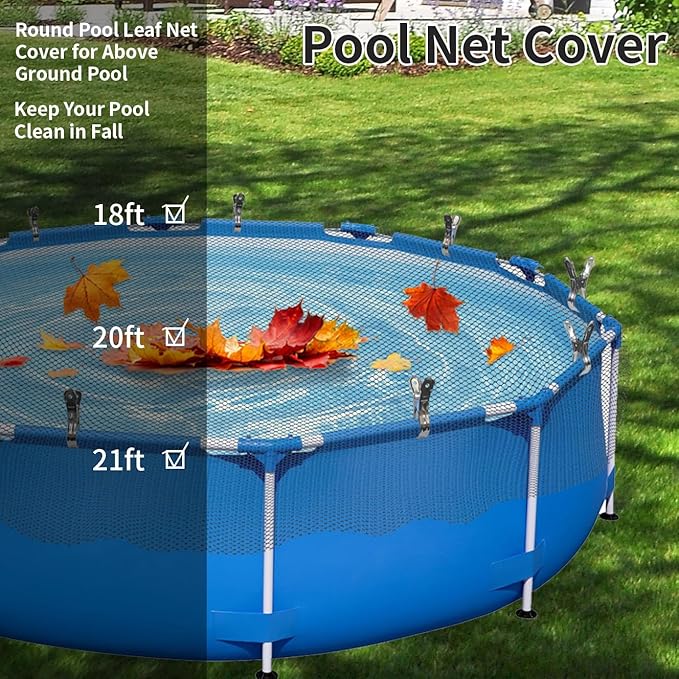 21 Feet Round Pool Leaf Net Cover - Pool Net Cover with 12 Pcs Swimming Pool Cover Clips - Leaf Net for 18FT Above Ground Pools