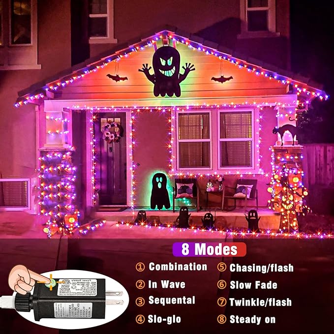 Vivideal 300 LED Halloween Lights Outdoor, 100ft Halloween String Lights Indoor Clear Wire 8 Modes Waterproof Plug in Christmas Light for Tree Party Garden Decorations, Purple&Orange