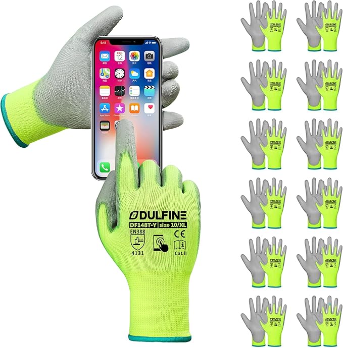 DULFINE Safety Work Gloves PU Coated for Men and Women-12 Pairs,Hi-Vis Seamless Knit Glove with Two Fingers Touchscreen,Ideal for General Duty Work (Extra Large)
