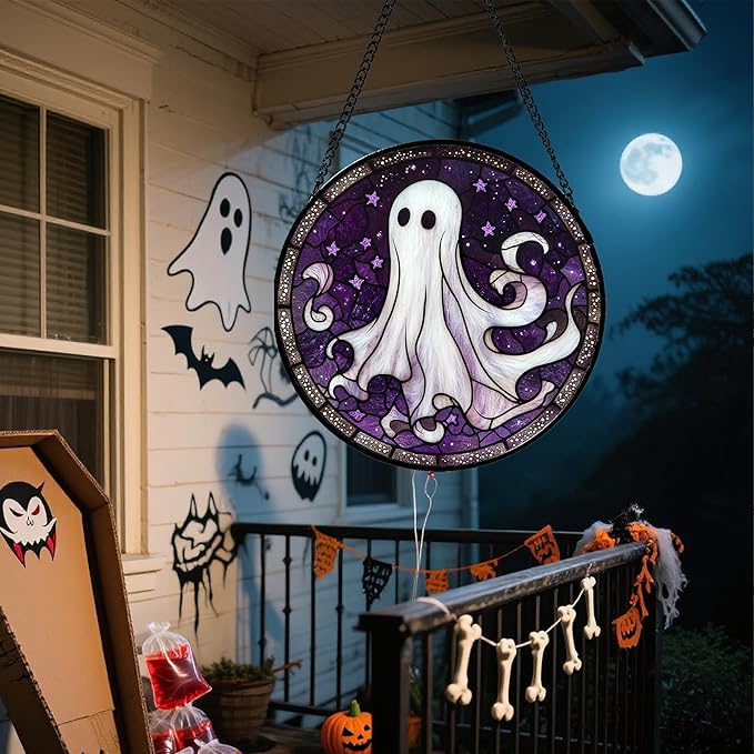 Stained Glass Window Hanging - Halloween Decorations White Ghost Purple Stars Suncatcher for Doors Garden Spooky Funny Sun Catchers Gothic Decor Horror Gifts for Women Men Friend 7.8 in