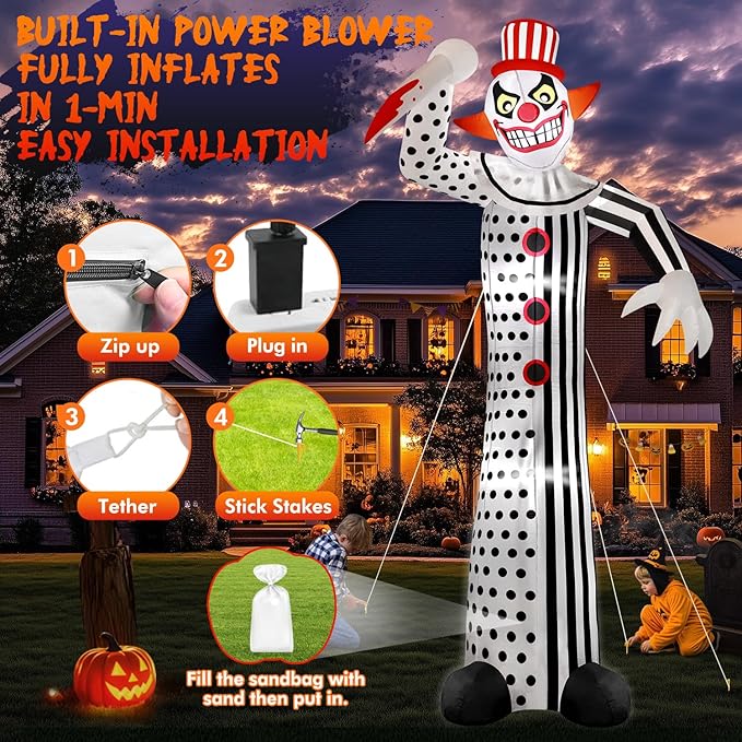 12Ft Giant Halloween Inflatables Creepy Clown, Huge Halloween Decorations Outdoor Blow Up Yard Decorations Built-in Full-Body LED Light & Strong Blower for Home Decor Party Lawn