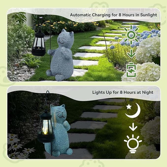 Solar Cat Garden Statues with LED Lights, Outdoor Decor for Patio Yard Balcony - Unique Housewarming Birthday Gifts for Women Mom Grandma