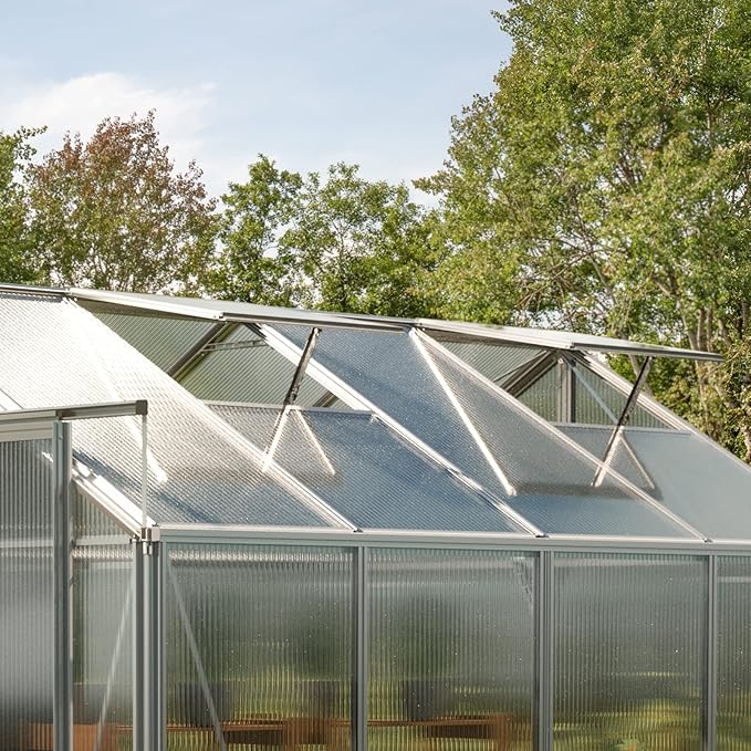 Greenhouse Saphir 6 Aluminum Frame 8.5 x 12.6 ft Approx. 6 mm Polycarbonate Panels - with Bonus Base Frame and Automatic Vent Opener