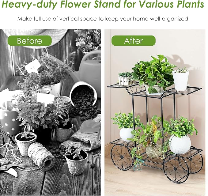 Safstar 6 Tiered Metal Plant Stand w/4 Decorative Wheels, Multilayer Flower Display Shelf for Home, Garden, Patio, Parisian Style Potted Plant Rack Holder