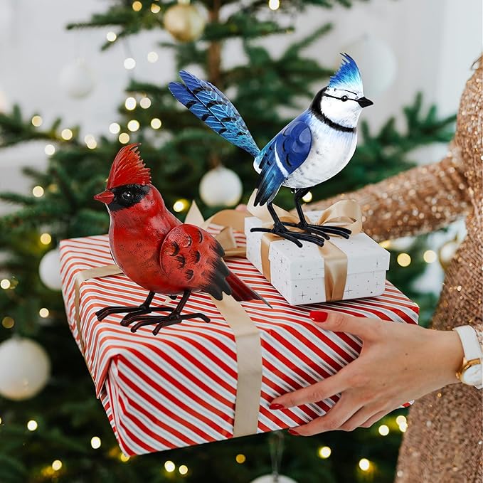 Shorayn Cardinal Decor Garden Statues Metal Bird Yard Art Sculptures,Standing Blue Jay Figurine Outdoor Decoration for Lawn Ornament,Christmas Housewarming Birthday Gifts for Women