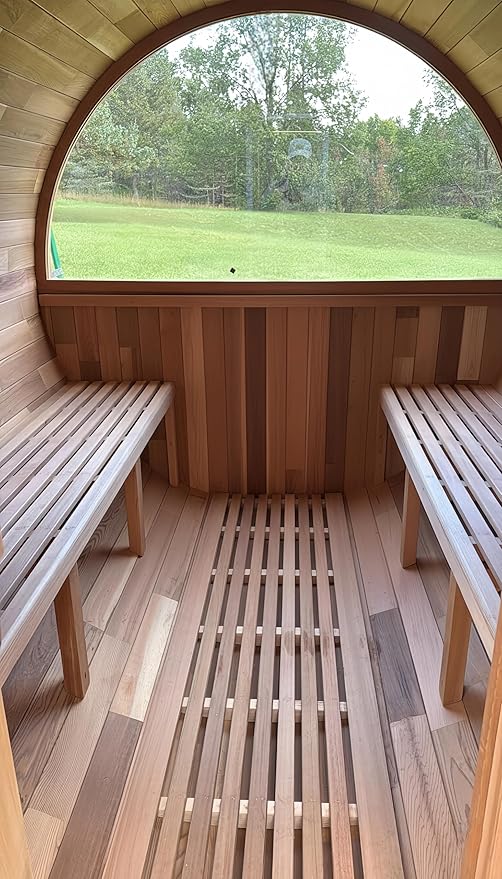 Barrel Sauna, Canadian Red Cedar Outdoor Sauna 4-6 Person,15KW Wood Burning Saunas Stove, Half Glass Window, Triple Waterproof System for Garden, Patio