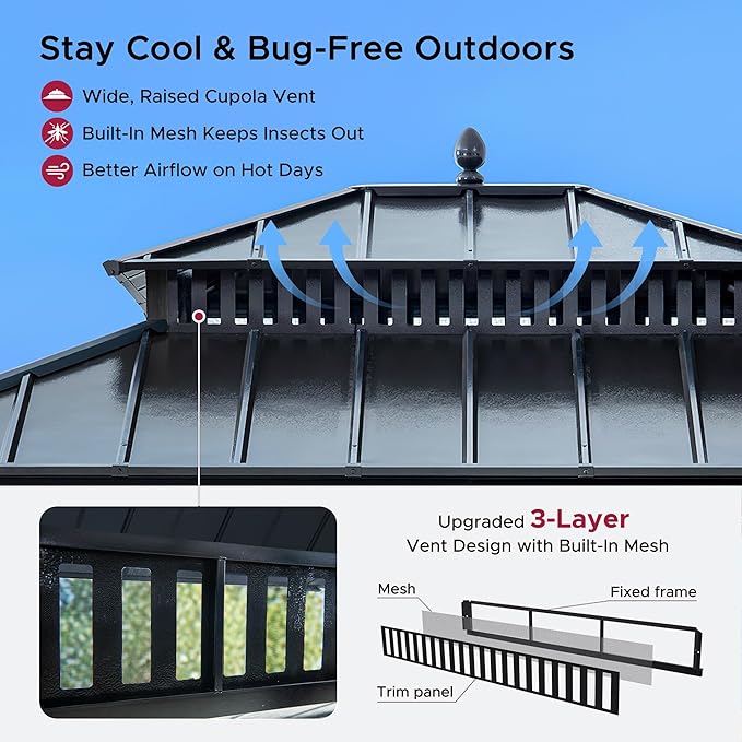 SUNJOY Kingston 12' x 10' Hardtop Gazebo with Galvanized Steel Double Roof, Curtain and Netting, Gray Aluminum Posts Permanent Pavilion Gazebo for Garden, Patio, Deck, Lawn