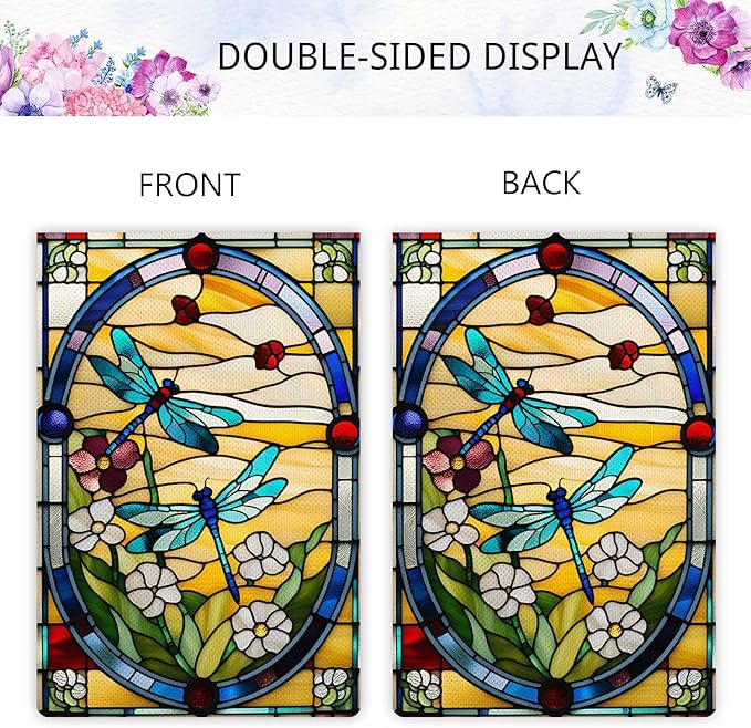 Spring Summer Dragonfly Garden Flag Stained Glass Style Floral Flowers Garden Flag Vertical Double Sided Rustic Farmland Burlap Yard Lawn Outdoor Decor 12.5x18"