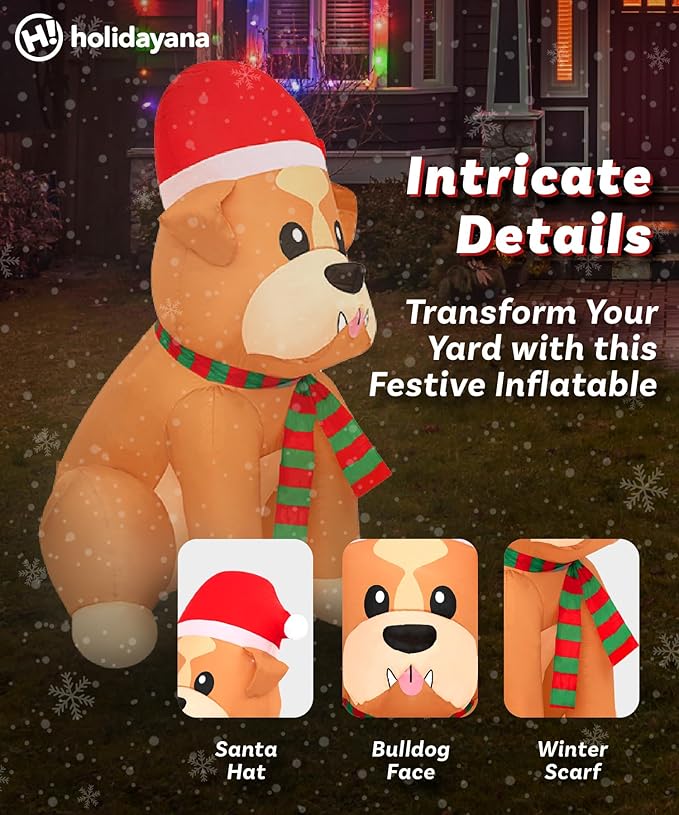 Holidayana Christmas Inflatables Large 5 ft Santa Hat Bulldog - Inflatable Outdoor Christmas Decorations Blow Up X-mas Decorations for Yard, Lawn & Garden Internal Lights & Built-in Fan