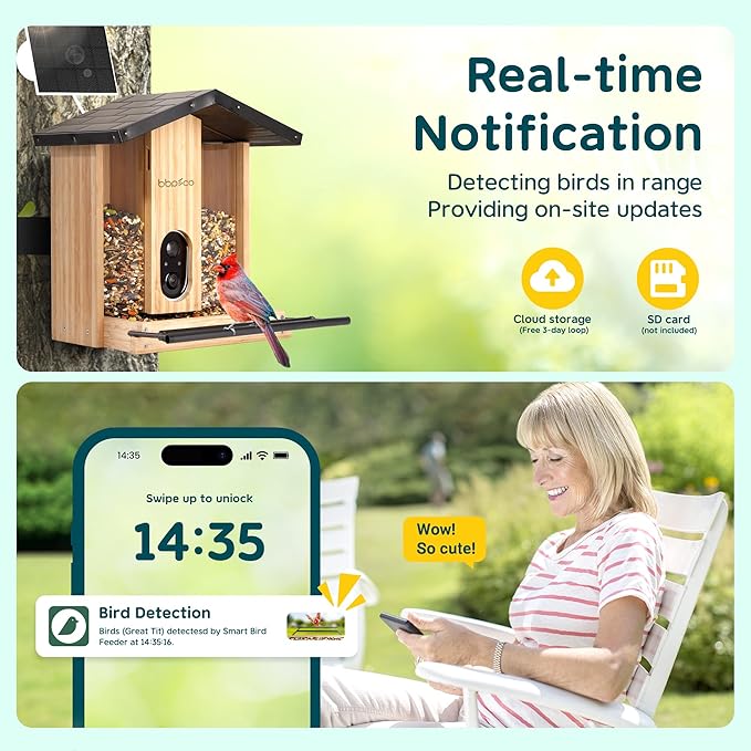 Bird Feeder with Camera Solar Powered, Smart Bird Feeder with AI Identify for 10000 Plus Species, Auto Capture & Real-time Notifications, Ideal Gift for Birdwatching, Bamboo