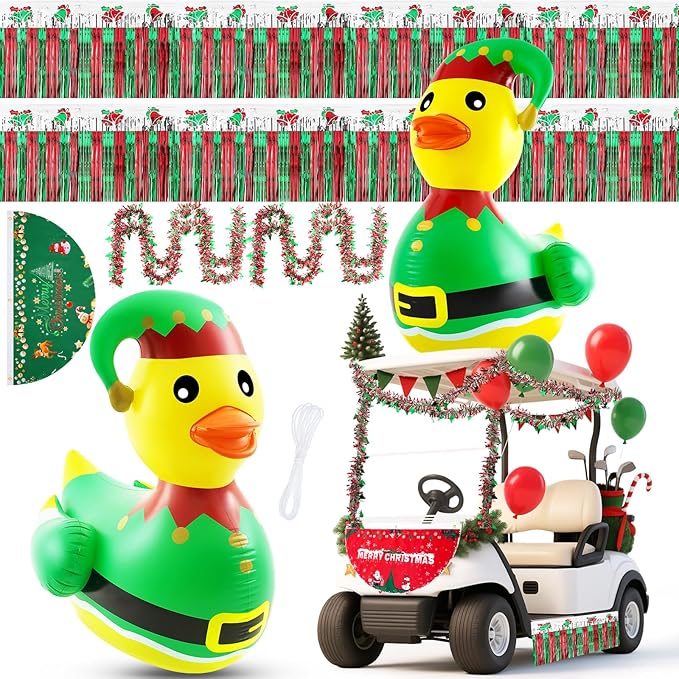 Hungdao 9 Pcs Christmas Golf Cart Parade Decorations Include 1 Pcs 4 Feet Inflatable Giant Duck with Float Bunting Flag Tinsel Garland for Christmas Car Yard Party Decoration