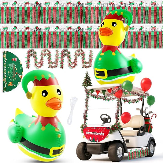 Hungdao 9 Pcs Christmas Golf Cart Parade Decorations Include 1 Pcs 4 Feet Inflatable Giant Duck with Float Bunting Flag Tinsel Garland for Christmas Car Yard Party Decoration