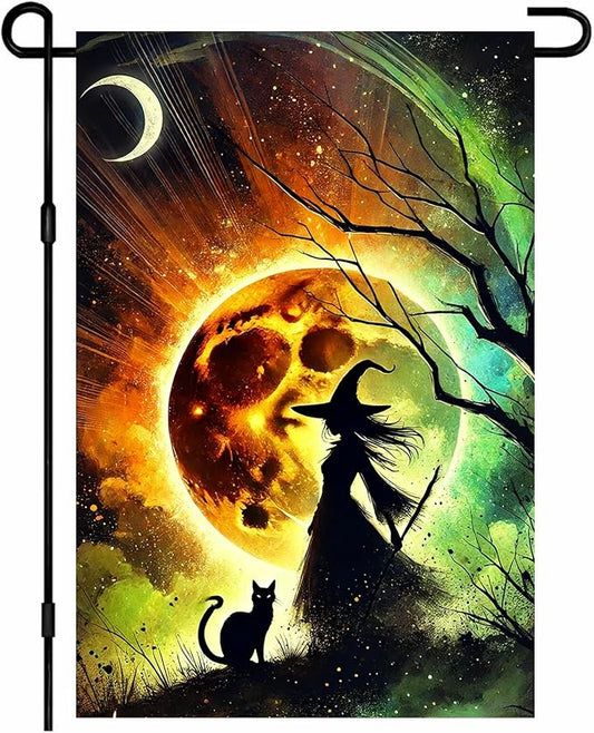 Halloween Horror Garden Flag 12x18 Inch Witch Silhouette Black Cat Moonlight Flag Outdoor Yard Decoration House Banner Porch Lawn Patio Home Decor