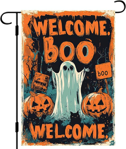 Halloween Welcome Garden Flag 12x18 Inch Double Sided Ghost Boo Welcome Flags Pumpkin Sign Spooky Tree Small Flag Yard Banner for Halloween Outdoor Decoration