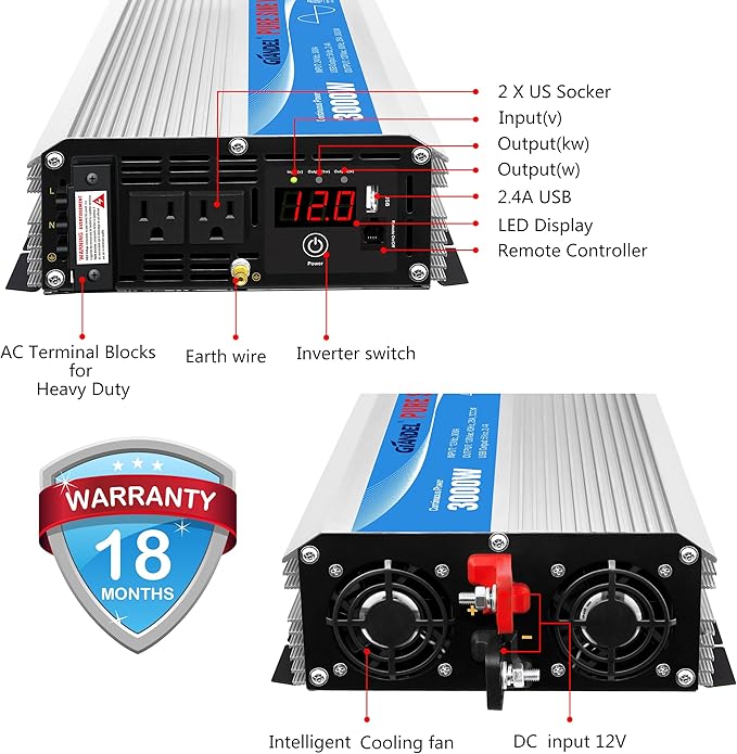 3000Watt Pure Sine Wave Inverter 3000W 12V DC to 110V 120V AC ETL Listed UL458 STD Lithium Battery Compatible with Terminal Block 40Amps and 30FT Wired Remote to Run A/C for RVs Campers,Off Grid Solar
