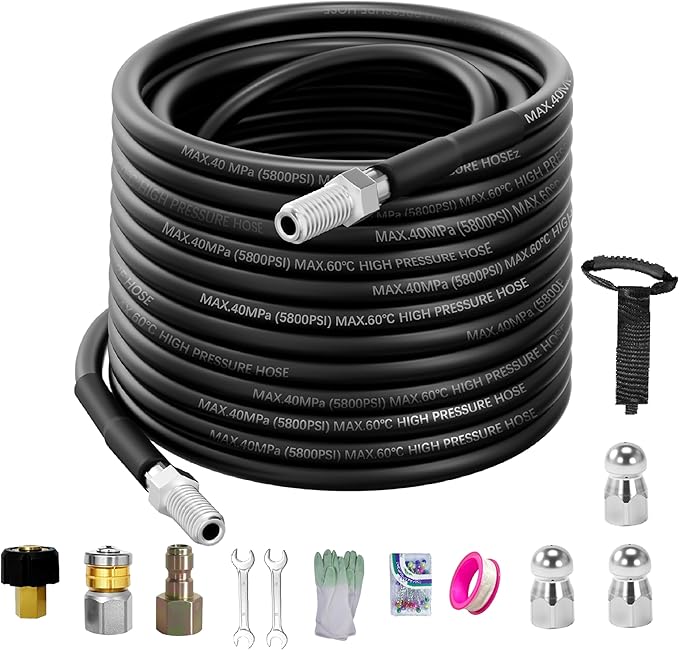 Sewer Jetter Kit for Pressure Washer 50FT, 5800PSI Water Jet Drain Cleaner Hose with 4 Sewer Jetting Nozzles, 1/4 Inch NPT Corner, Waterproof Tape and Handle Strap