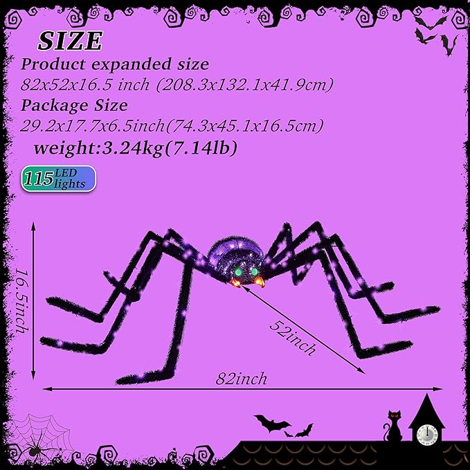 6.8Ft Giant Spider Halloween Decorations Outdoor 82" Light Up Spider with 115 LED Lights for Front Yard, Porch, Garden, Lawn, Halloween Party (Purple)