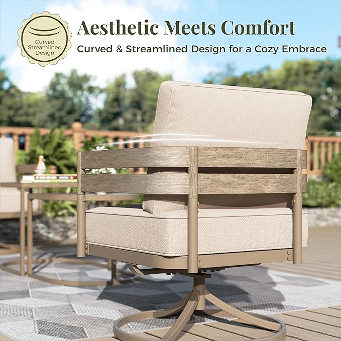 5-Piece Patio Outdoor Conversation Furniture Set with 2 Swivel Chairs, Steel Modern Outdoor Patio Conversation Sets with Thick Cushions for Porch, Balcony, Backyard - Beige