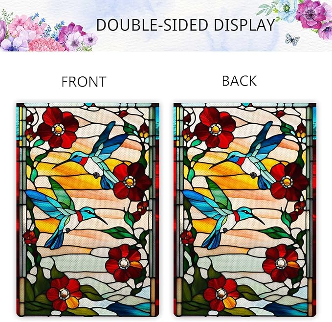 Spring Summer Hummingbird Garden Flag Glass Style Vertical Double Sided Rustic Farmland Burlap Yard Lawn Outdoor Decor 12.5x18"
