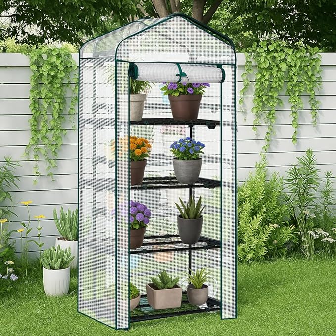 Outvita Mini Greenhouse, Small PE Plant Green House with 4 Tiers Rack, Shelf Clips, Roll-up Zipper Door, Gardening Supplies for Indoor Outdoor Seedling Frost Protection , 27"x19.6"x63" White