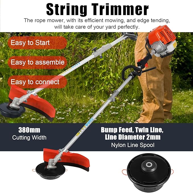 2-Stroke Weed Eater, 52cc Gas Weed Wacker 5 in 1 Gas String Trimmer Multi Functional Garden Trimming Tools with Rubber Handle & Shoulder Strap Brush Cutter for Lawn, Garden and Yard