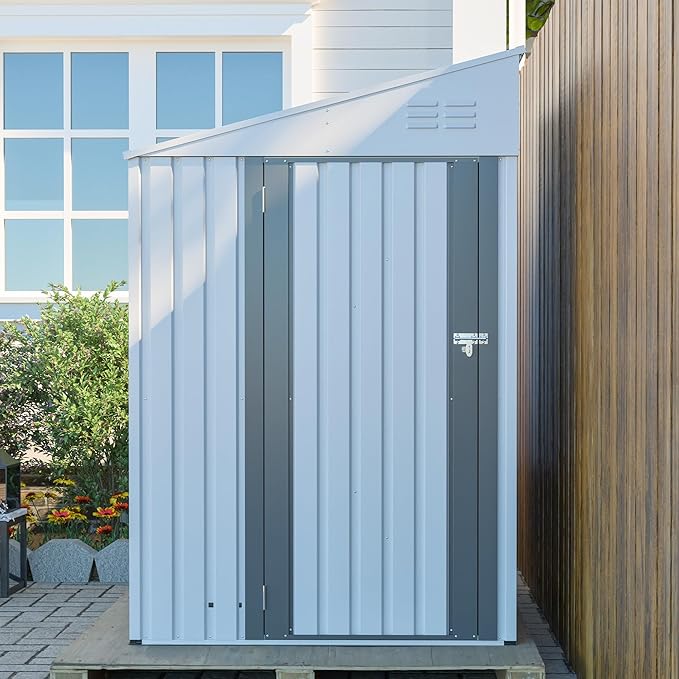 4x8 FT Outdoor Storage Shed,Lean to Lockable Metal Garden Shed Steel with Reinforced Beams,All Weather Waterproof Storage House W/Lockable Door&2 Air Vents,for Backyard,Patio,Lawn,Garden,White