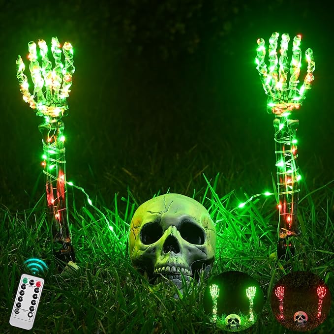 Halloween Lighted Skeleton Set, Skull Arm Stakes with 1 Remote Green Lights (76 LEDs, 8 Light Modes & Timing Function), 2 Red Lights (3 Modes), Decoration for Outdoor Yard Garden Graveyard
