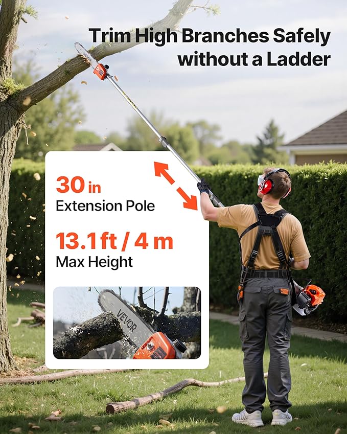 Gas Chainsaw with Extension Pole VEVOR, Top Handle 12 Inch, 26cc 2-Cycle 7-in-1 Pole Saw Multi-Tool w/Safety Gear—Hedge Trimmer, String Trimmer/Weed Eater, Edger, Brush Cutter (3T/40T)