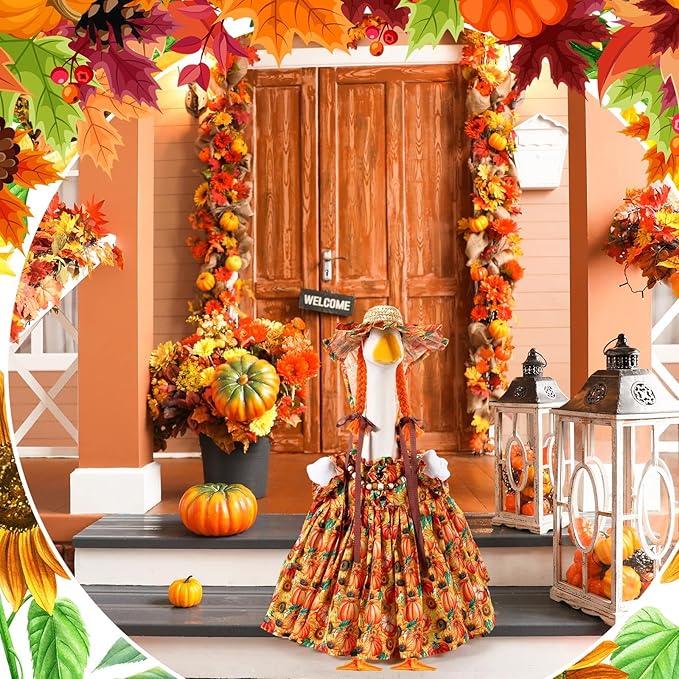 Fall Thanksgiving Goose Outfit Sunflower Porch Goose Costume with Hat Necklace for 23 Autumn Patio Yard Lawn Decor(Pumpkin,Sunflower)