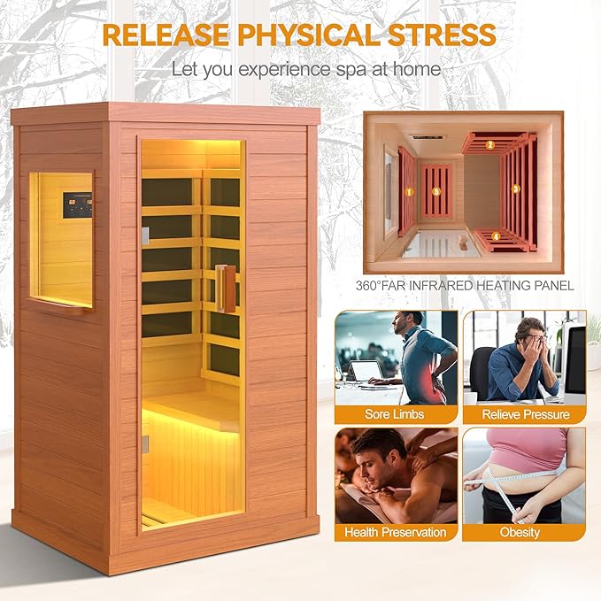 HUGROVE Far Infrared Wooden Sauna, Bluetooth Speakers & 5 Heating Panel, 900W Aucoumea Klaineana Dry Sauna for Home, Intelligent Control Panel and Tempered Glass Door