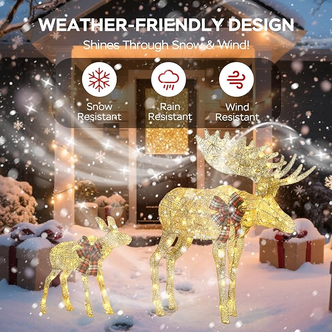 Outdoor Lighted Deer Christmas Decor, Moose & Fawn 2-Piece Set Xmas Holiday Decorations with 170 Warm White LEDs, Champagne Gold Twine, 3D Design, Ground Stakes, for Yards, Garden, Lawn