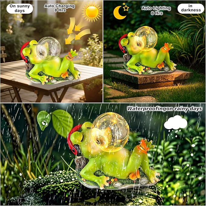 Solar Garden Outdoor Statues Frog, Lawn Decor Frogs Statue for Patio, Balcony, Yard Ornament - Unique Home Decor Gifts (Frog)