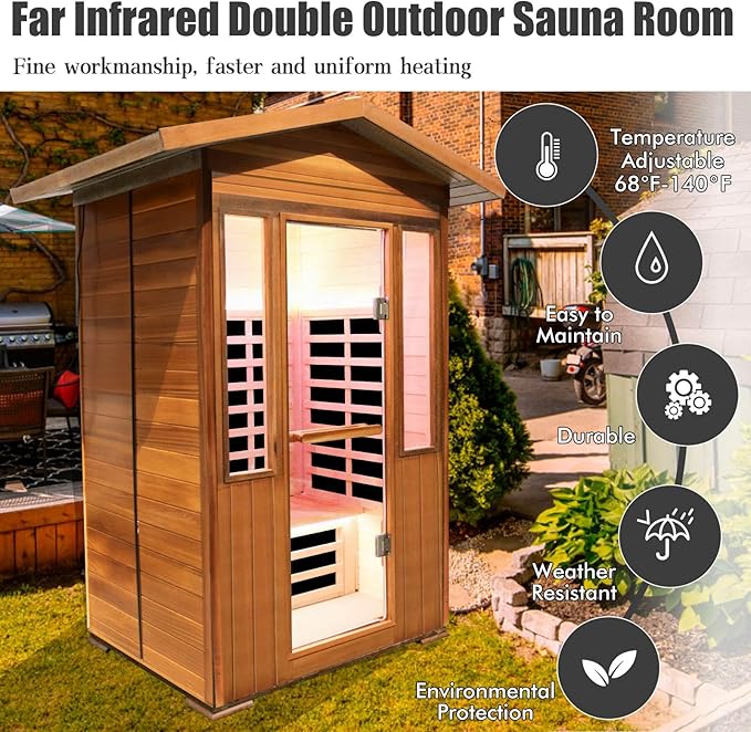 2 Person Outdoor Sauna Infrared Saunas Dry Sauna Room Red Cedar and Canadian Hemlock Wood Wooden Sauna Spa 1800W APP Control 7 Color Light 48.8 * 37 * 87.4inch