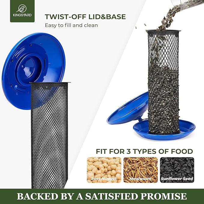 Kingsyard Mesh Tube Bird Feeders for Outdoors Hanging, All Metal, Wild Bird Feeder for Sunflower Seeds or Mealworm, Large Tray & Weatherproof Roof, 2.5 lbs Capacity (Blue)