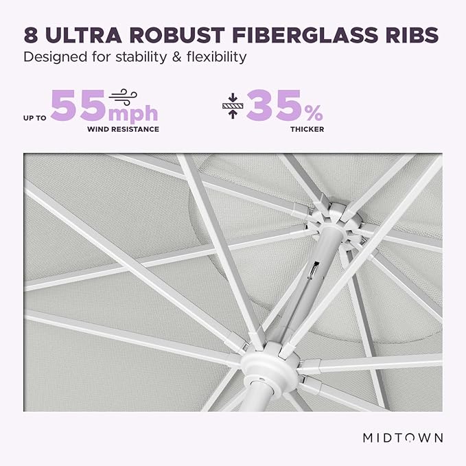 Midtown Umbrellas The Swilt 8 Feet Patio Umbrella in Terylast Off Cream (Off White) Polyester Fabric - Fiberglass Ribs, Auto-Tilt Aluminum Frame For Backyard, Deck, Garden, Pool - White Pole