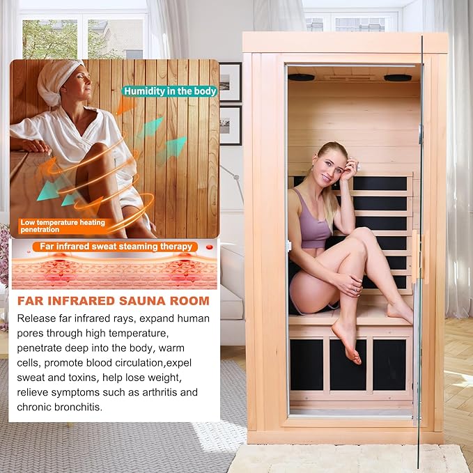 1 Person Infrared Saunas for Home, Dry Sauna for Home, Low Emf Infrared Sauna 1350W Indoor Saunas for The Home, Traditional Sauna, Bluetooth Speakers, Reading Lamps, Room:63 * 32 * 32 Inch