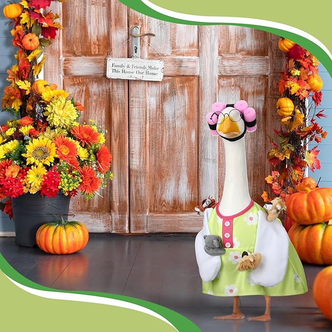 Suzile Funny Lady Porch Goose Outfit for 23'' Cement Goose Curler Wig Costume Glasses with Cute Animals for Halloween Christmas Parties Yard Lawn Outdoor Garden Patio Statue Xmas Santa Holiday Decor