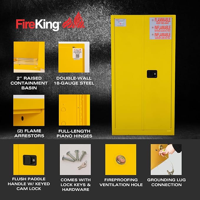 FireKing Yellow Flammable Safety Cabinet, Flammable Liquids Storage Cabinet, 60 Gallon Steel Safety Cabinets with Manual Door for Commercial, Industrial & Home Use, 34" x 34" x 65"