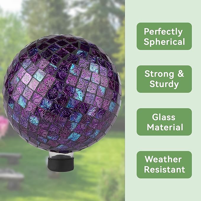 Lily's Home Glass Gazing Ball | Holographic Effect, Stunning Rainbow Color Reflection Effect, Mosaic Design, Purple Mirrors, Attracts Good Fortune, Lovely Centerpiece, 10” Dia.