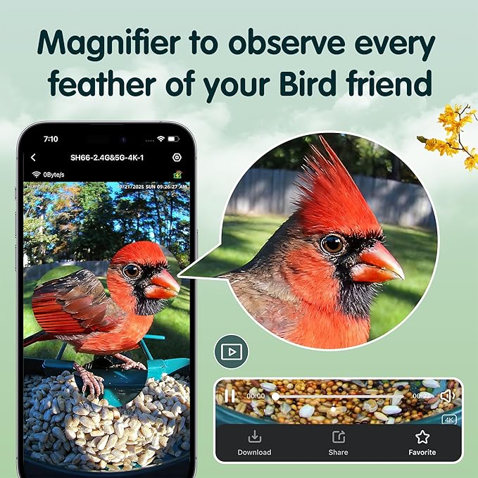 Humbirdy-Bird Feeder with Camera, 8MP Ultra HD Video & Photo, 10x Slow-Motion, 4K 30fps Live View, AI Identify, No Subscription, 2.4G/5G Wi-Fi, Solar Powered, Wildbird Watching Gifts-Metal
