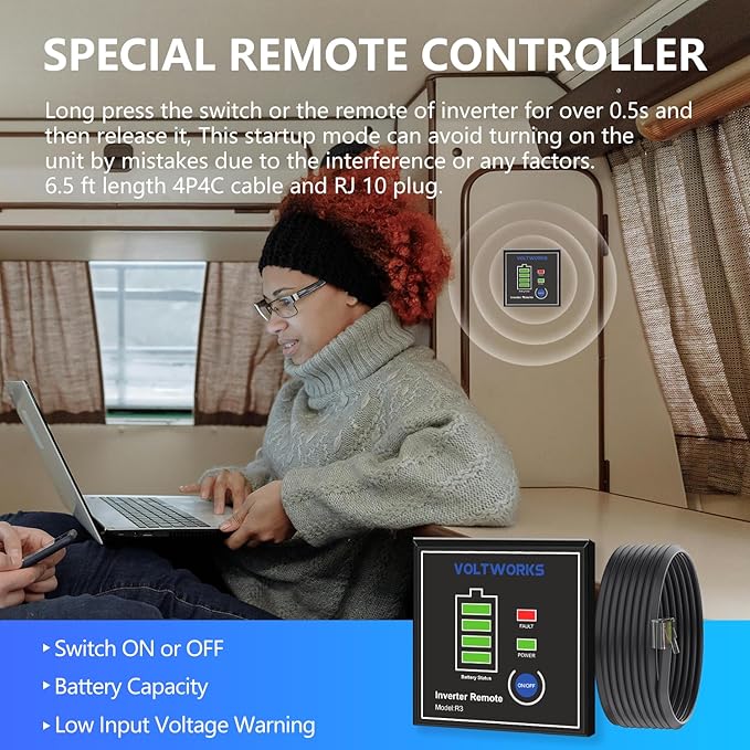Power Inverter 2000Watt 12V DC to 110V 120V AC Built-in UL Approved Fuses with Remote Control & 2.4A USB Port 3AC Outlets Compatible with Lithium Battery for Off-Grid Solar Home RV Truck by VOLTWORKS
