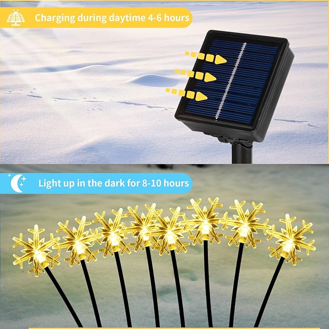 Set of 4 Snowflake Solar Christmas Decorations, 8 Modes Swaying Garden Lights, Outdoor Pathway Solar Christmas Stake Lights, Upgraded Base on Firefly Light for Lawn Decor (Warm White)