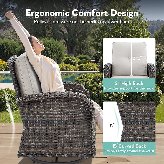 7 Piece Patio Furniture Set - Wicker Patio Conversation Set with Swivel Glider, 3 Seat Sofa, 2 Ottomans, Glass Side Table and Coffee Table for Deck Backyard - Brown Wicker Beige Cushion