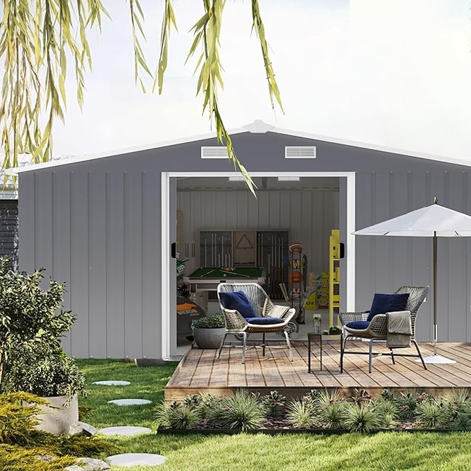 10×12 Ft Metal Shed Outdoor Storage with Two Daylight Windows, 0.25mm Galvanized Steel Metal Garden Shed Waterproof with Lockable Door for Backyard, Patio, Garden，Light Grey