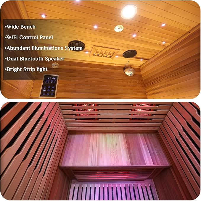 Outdoor Infrared Sauna 2 Person,Luxury Waterproof Red Cedar Sauna, All-in-One, No Setup, No Assembly, 6 Heating Panels, Light Strip, 1950W 120V app Control, Plug & Play Home Spa(0-149℉)