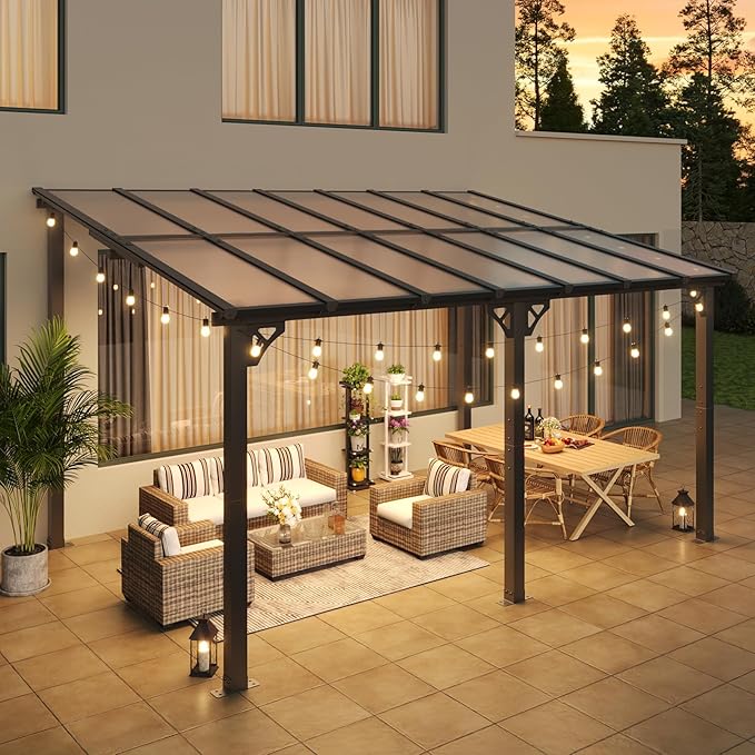 Aoxun 10’ x 14’ Gazebo, Wall Mounted Gazebos Pergola, Outdoor Patio, Large Wall-Mounted Heavy Duty Awnings for Patio, and LED Outdoor Waterproof Hanging Lights for Decks, Backyard
