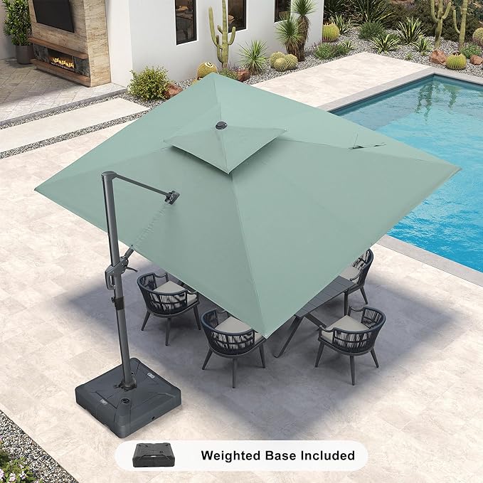 PURPLE LEAF 9' x 12' Cantilever Patio Umbrella Outdoor Umbrella with 280lbs Base Large Rectangular Windproof Offset Umbrella for Pool Deck Garden, Mint Green